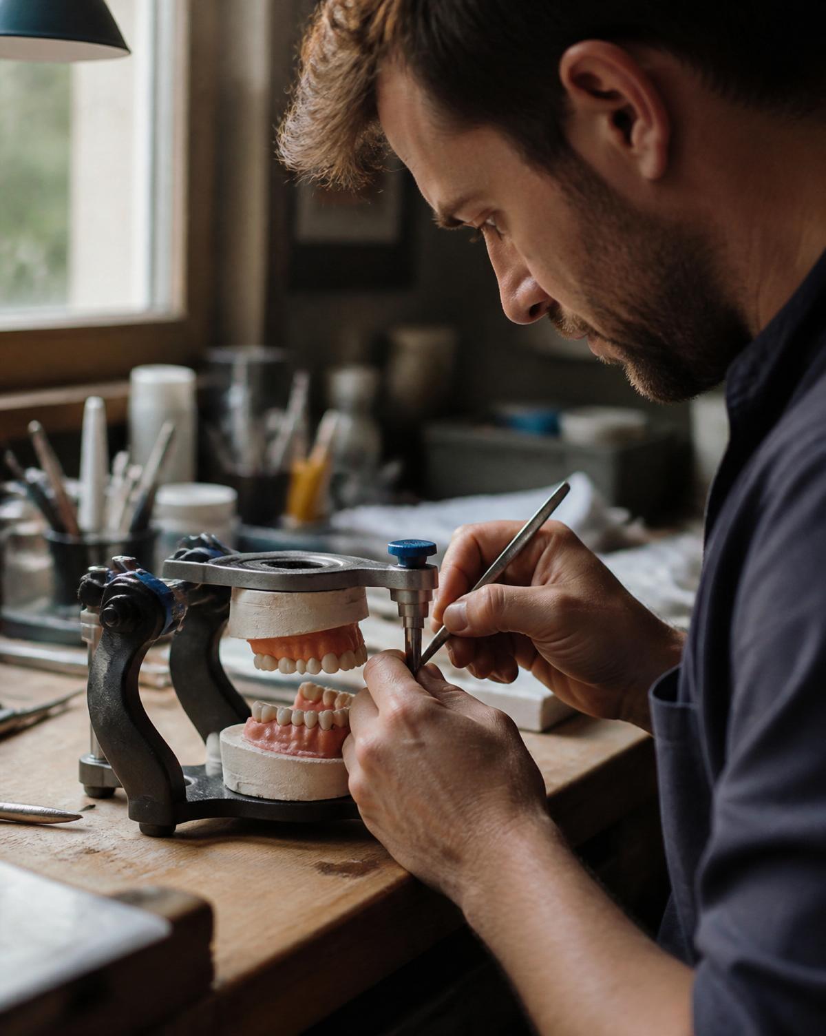 Anton Vorster shaping a denture set-up at the laboratory bench